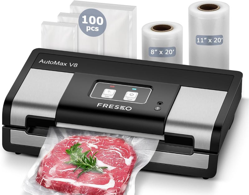 Fresko Fully Automatic Vacuum Sealer, 95Kpa Powerful Food Vacuum Sealer Machine, Auto Dry-Wet Detection | Bag Cutter | 2 Rolls Bags & 100 Pcs Precut Bags | Effortless Operation, Silver - Black - Image 1